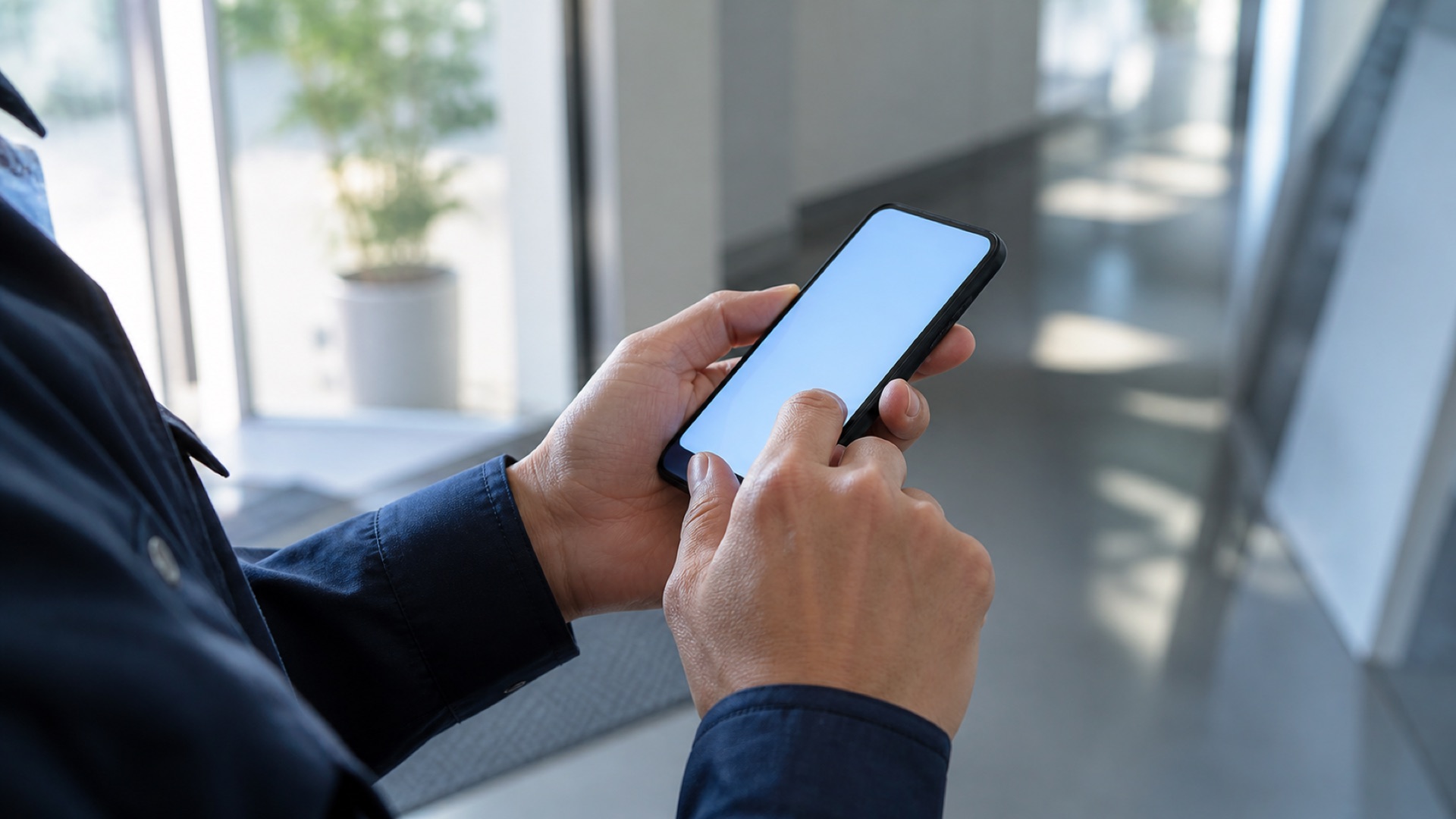 出勤時にスマートフォンで打刻するスタッフの手元