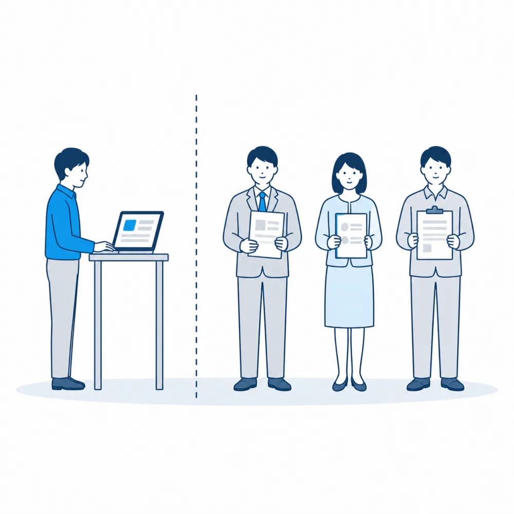 1人だけがパソコンに向かい、ほかの3人は紙の書類を持って離れて立つイラスト