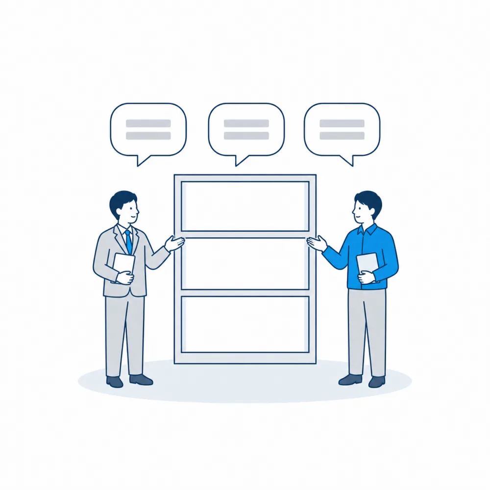 空の棚の前で2人が同じ形の吹き出しで話し続けるイラスト