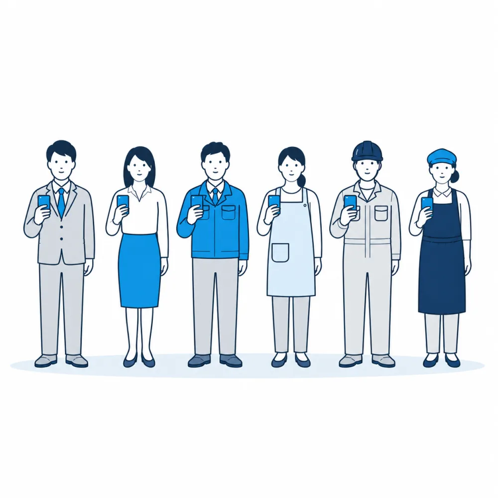 職種の違う6人が同じスマートフォンを持って横一列に並ぶイラスト