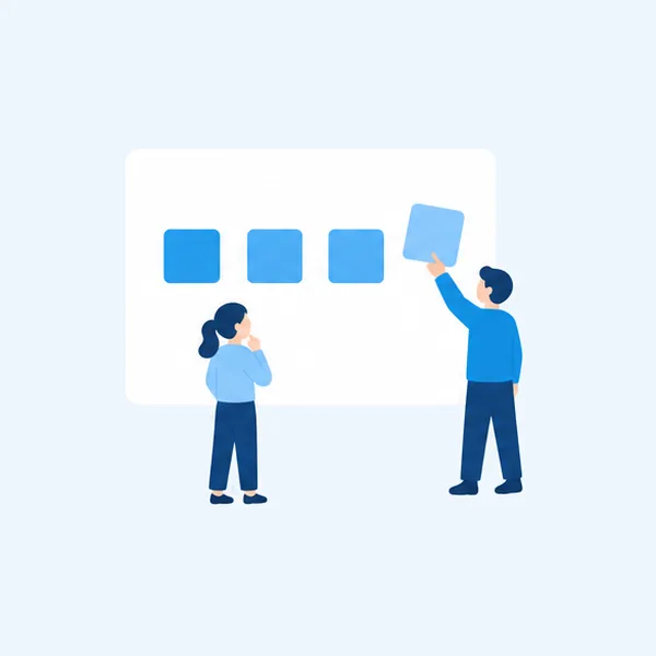 ボードに付箋を貼りながら話し合う2人のイラスト
